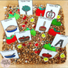 Bin of beans with word cards to mimic seed packets