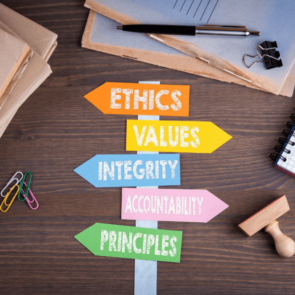 Sign posts pointing to Ethics, Values, Integrity, Accountability, and Principles