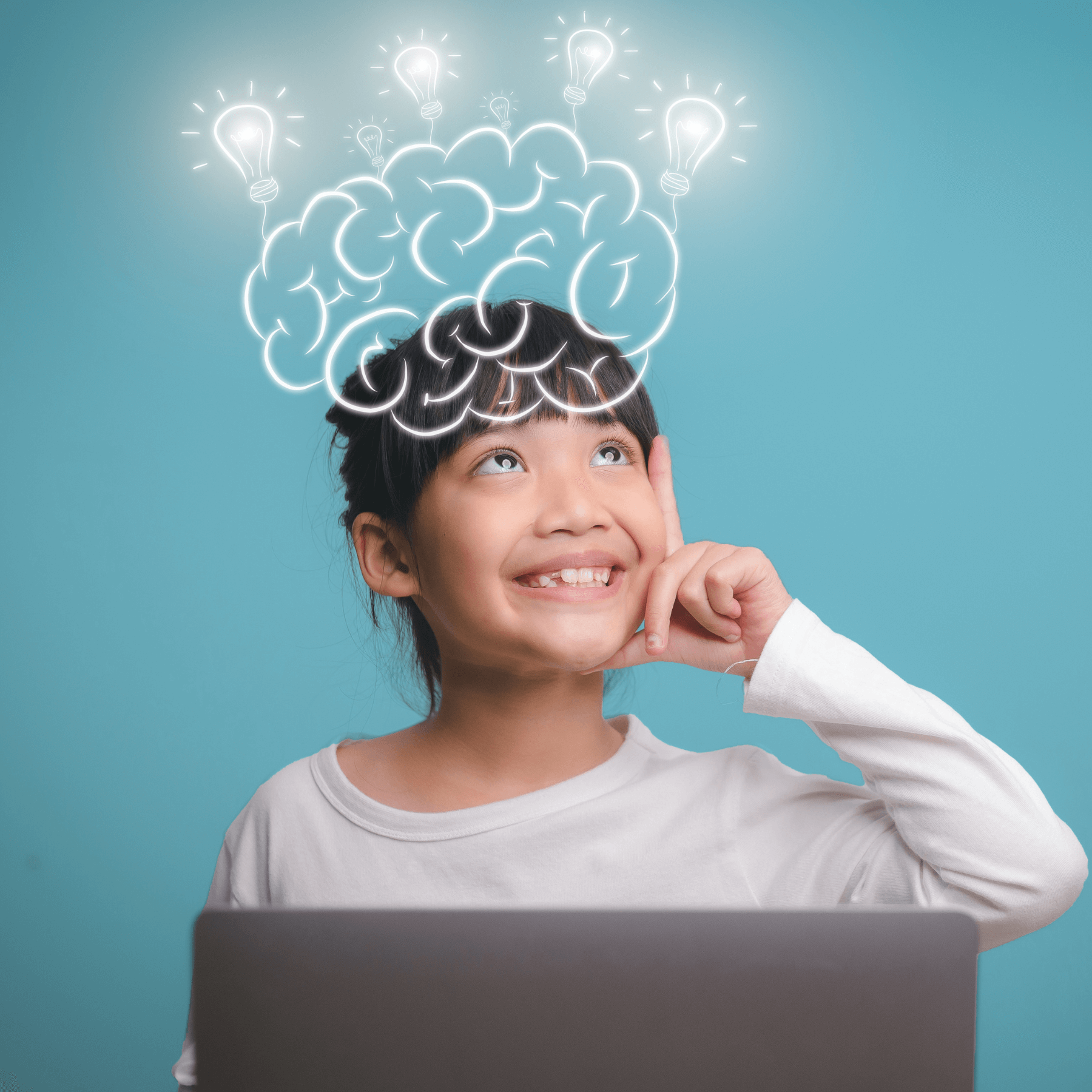 Child imagining a replica of her brain above her head