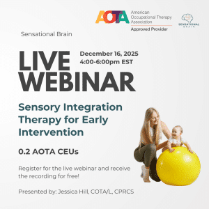 Hands of an occupational therapist holding a young child over a large therapy ball