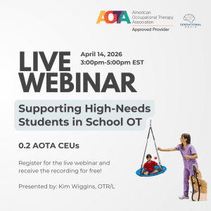 Therapist pushing a young child in a therapy swing while dangling a red ball in front of their eyes