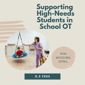 Occupational therapist assisting child on swing with text about high-needs students in school OT session.