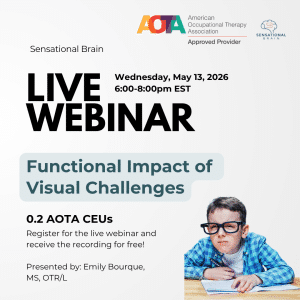Boy with large glasses squinting, with text: "Functional Impact of Visual Challenges," "Emily Bourque, MS, OTR/L, 0.2 CEUs.