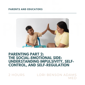 Woman and child high-five at a table with art supplies, promoting a parenting course on emotions and self-regulation.