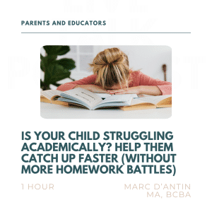 Child with head on open book, text offers help for academic struggles without homework battles.