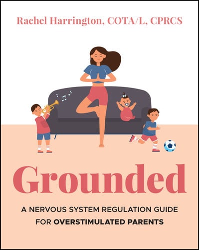 Illustration of a woman meditating on a sofa, surrounded by playful children with toys. Text reads "Grounded: A Nervous System Regulation Guide for Overstimulated Parents.