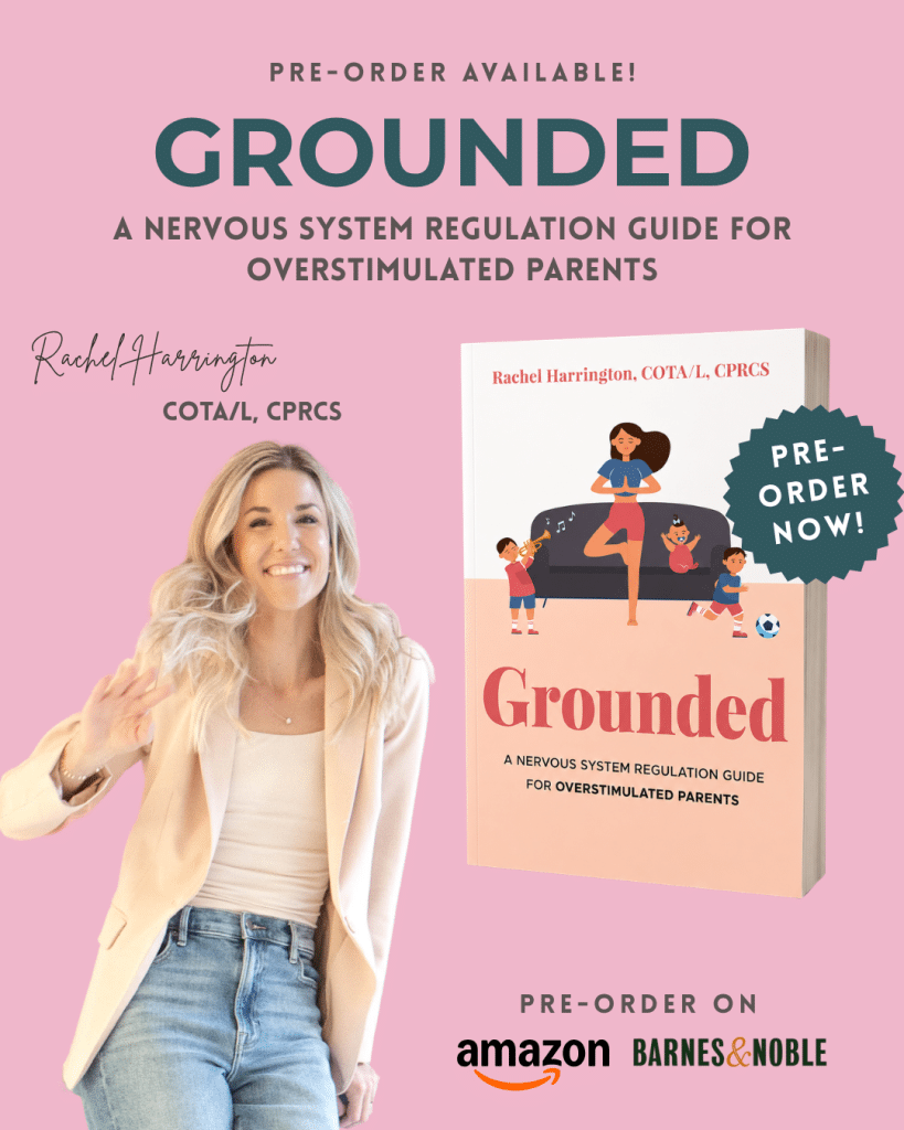 Book cover for "Grounded" by Rachel Harrington, a guide for overstimulated parents, available for pre-order.