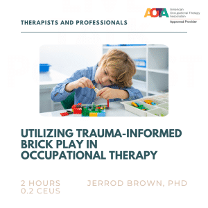 Child focused on playing with colorful building blocks at a table, with text about trauma-informed brick play therapy.
