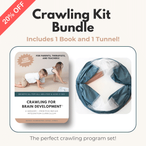 Crawling Kit Bundle with 20% off. Includes book on brain development and a blue tunnel for crawling activities.