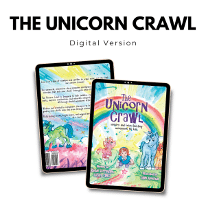 Two tablets display "The Unicorn Crawl" digital children's book with colorful unicorns and a rainbow.