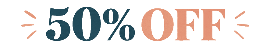 50% OFF in decorative text with lines radiating from each side.