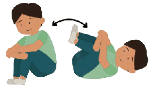 Illustration of a child rolling from sitting to lying down, with arms around knees, smiling.