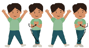 Four animated characters in green shirts and blue pants, each posing differently with cheerful expressions.