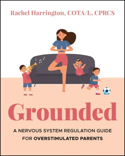 Illustration of a woman meditating on a sofa, surrounded by playful children with toys. Text reads "Grounded: A Nervous System Regulation Guide for Overstimulated Parents.