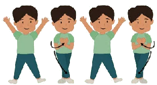 Four animated characters in green shirts and blue pants, each posing differently with cheerful expressions.